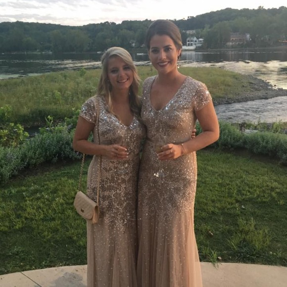 Adrianna Papell Almond Beige Cap Sleeve Beaded Mes - Picture 2 of 3